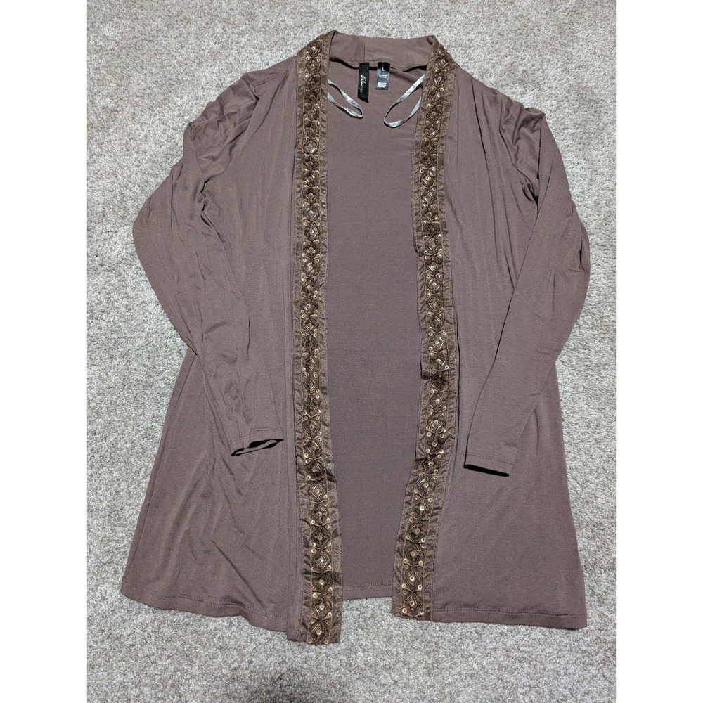 BKE Boutique Open Front Cardigan Beaded Embellishment Long Sleeve Brown L